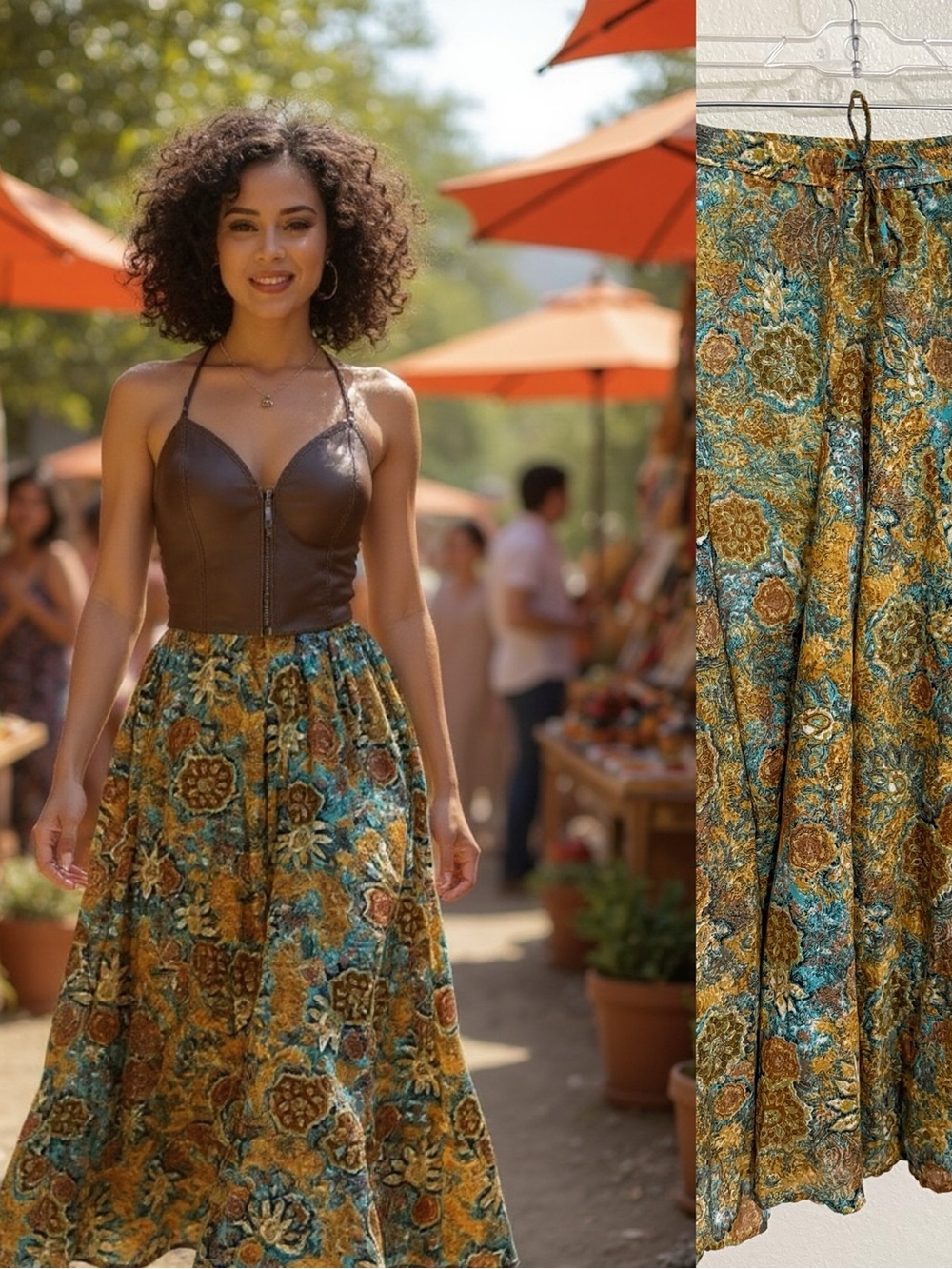 DIMRI Boho Floral Midi/Maxi Skirt Size Small Teal Mustard Full Pleated Vintage S